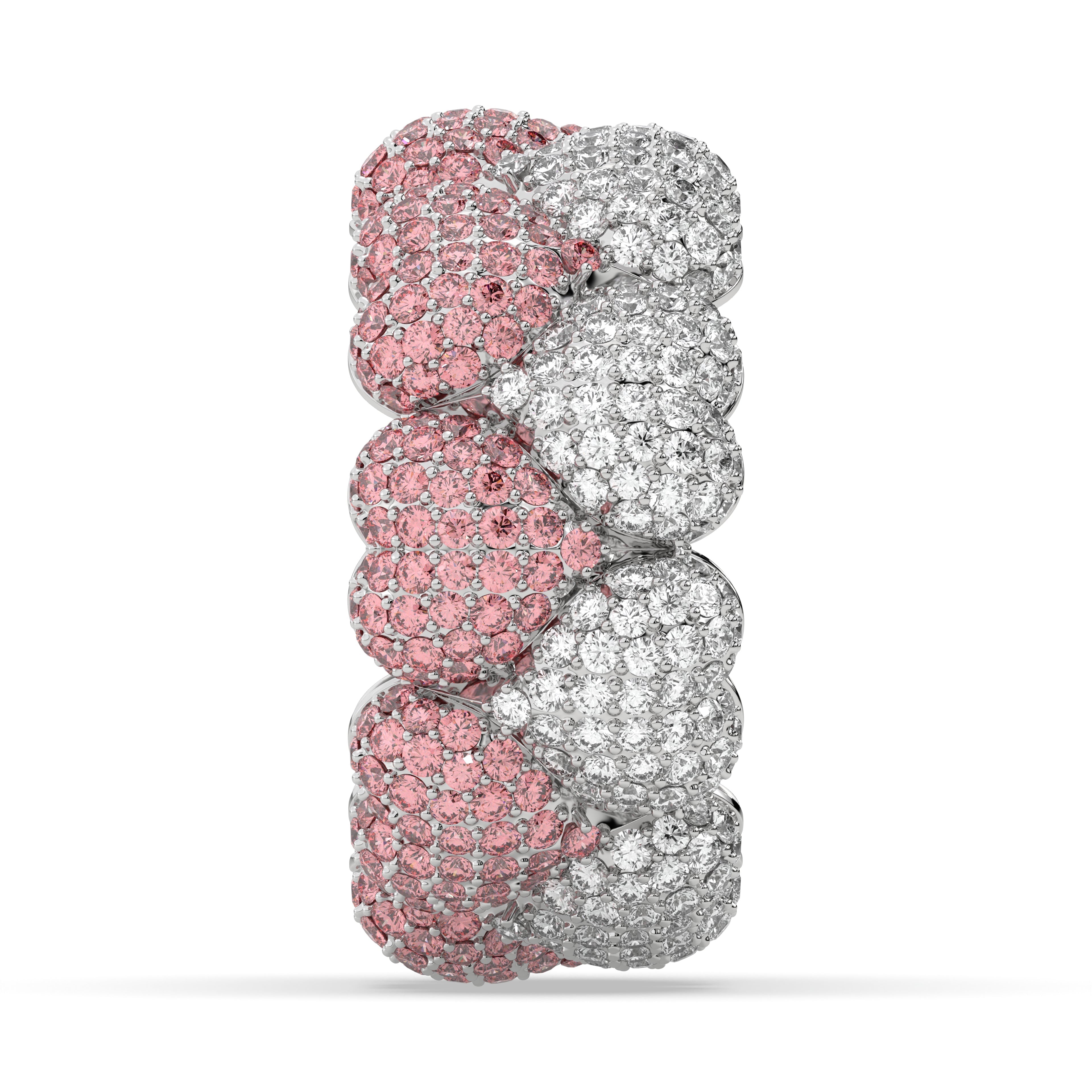 Ring Home is Where the Heart Is. Diamond ring, one side pink and one side silver, on a white background.