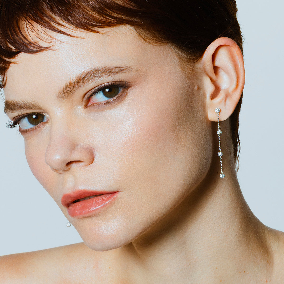 Long Earrings Cosmos White Gold, Fully Paved